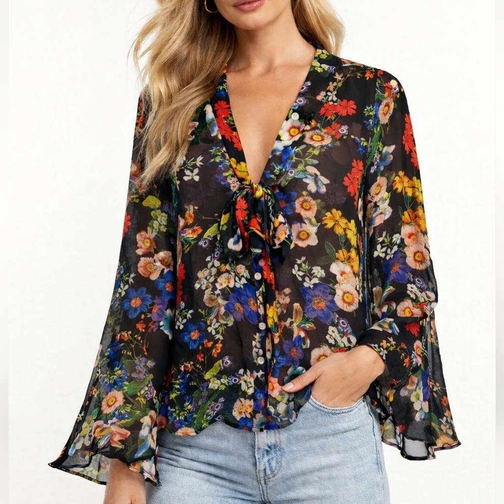 Show Me Your Mumu Brynn Sheer Floral Bell Sleeve Tie Button Blouse Romantic S